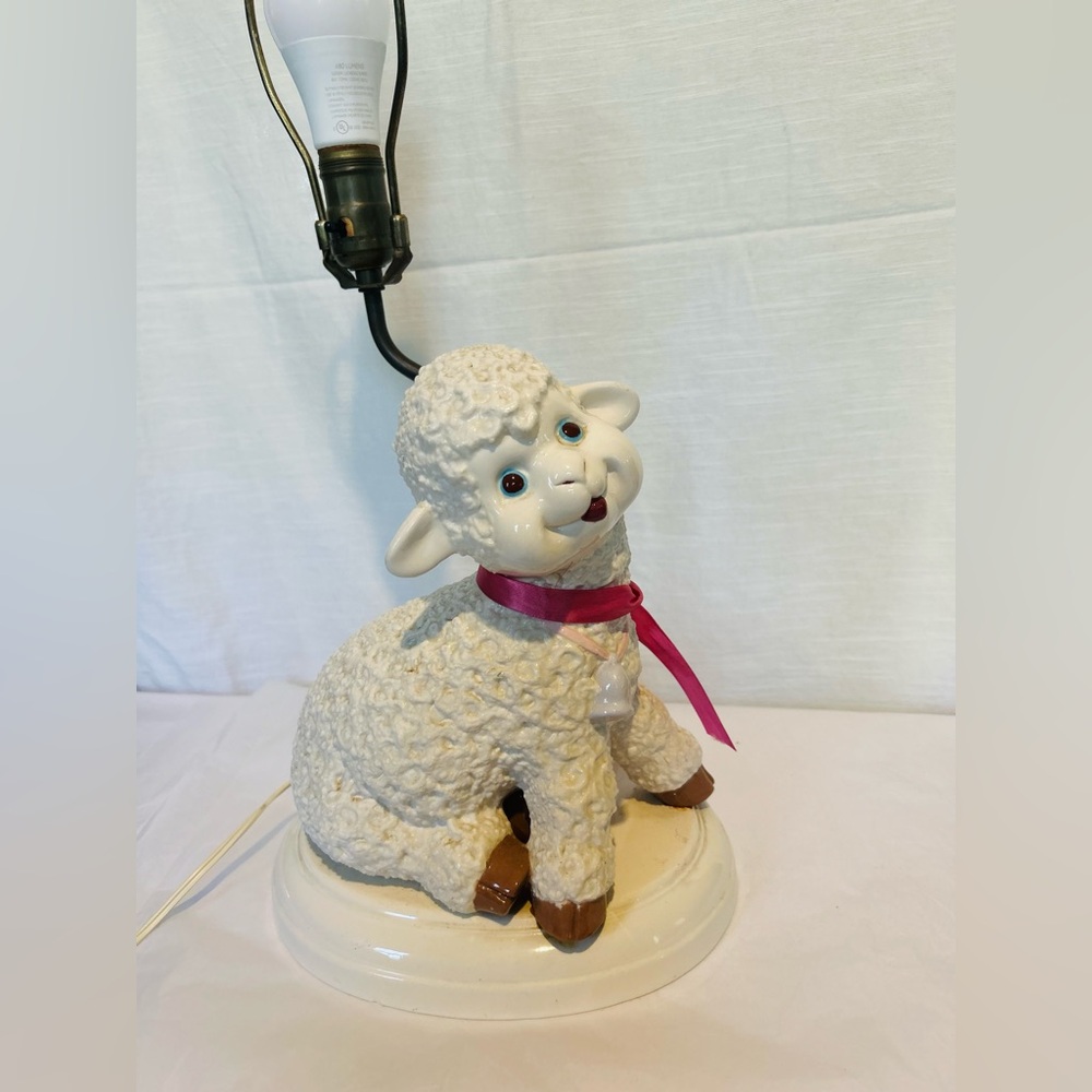 Vintage Ceramic Nursery Rhyme Lamb Table Lamp with Pink Ribbon